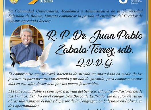 mensaje de condolencias al Padre Juan Pablo Zabala, Rector de la Universidad Salesiana, Bolivia