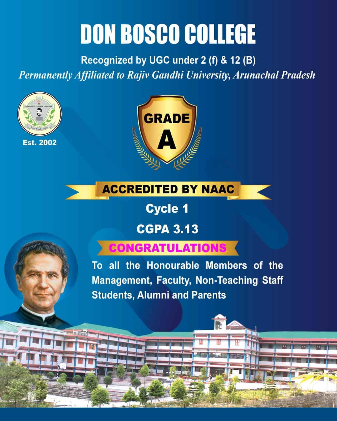 Don Bosco College Itanagar, Jollang achieves grade 'A' National Assessment and Accreditation council (NAAC).