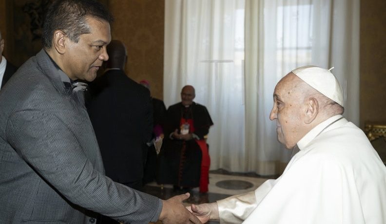 Fr Oscar Lozano, General Coordinator of the Salesian Institutions of Higher Education IUS greets Pope Francis during the event "Towards a Polyhedric Vision" promoted by the Dicastery for Culture and Education at the Vatican.