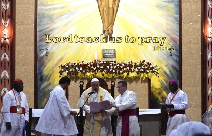 Pope Francis expressed his joy at being in the Diocesan Shrine of Mary Help of Christians, Boroko, the Shrine, built on the Salesian property, also houses the Don Bosco Technological Institute, Emmaus Conference Centre and the Salesian Provincial House. It is a reminder of the growth of the Faith in Papua New Guinea, Oceania.