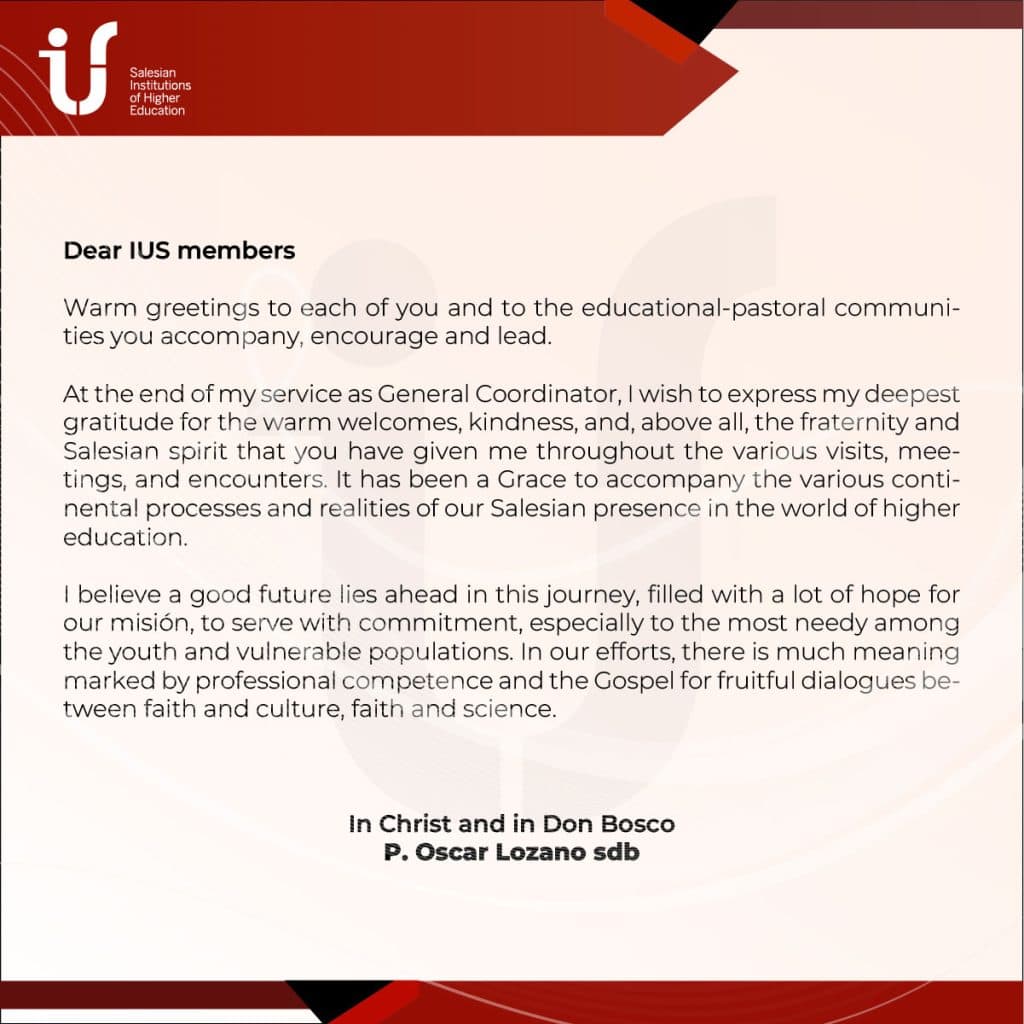 Farewell and gratitude letter from Father Oscar Lozano sdb, to the IUS.