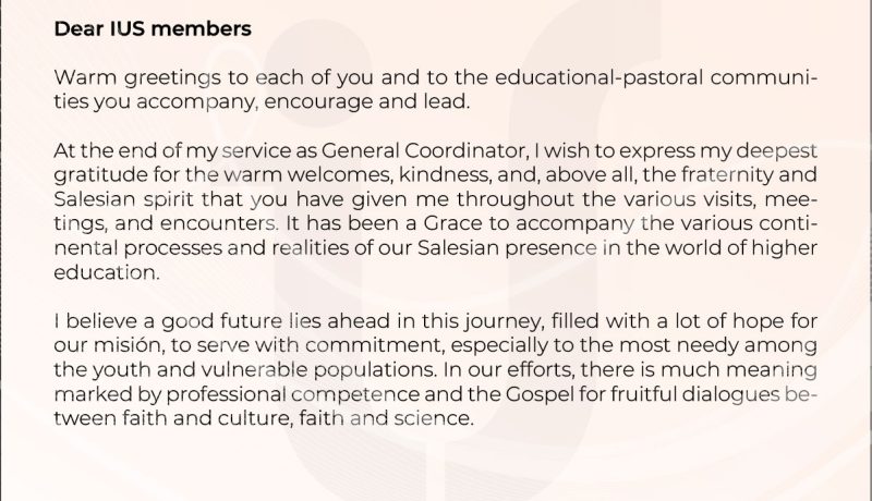 Letter from Father Oscar Lozano to the directors of the Salesian Institutions of Higher Education (IUS)