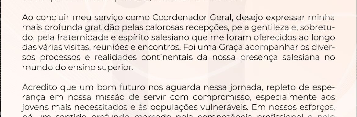 Carta do Padre Oscar Lozano aos diretores das Instituições Salesianas de Ensino Superior (IUS)