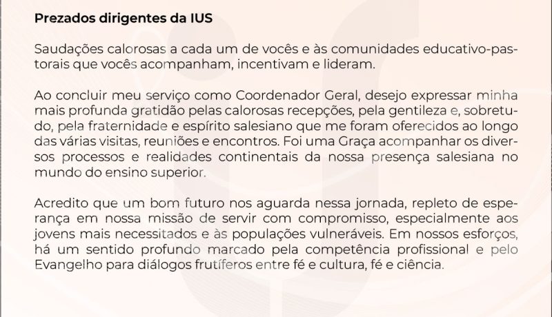 Carta do Padre Oscar Lozano aos diretores das Instituições Salesianas de Ensino Superior (IUS)