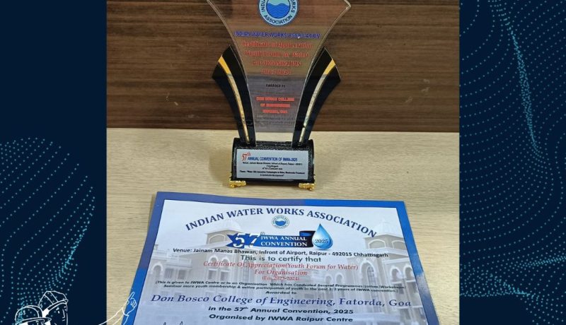 The Institution, Don Bosco College of Engineering in Fatorda, Goa, has been recognized for its significant contributions to youth engagement in water-related initiatives. The college received a Certificate of Appreciation from the Indian Water Works Association (IWWA) at their 57th Annual Convention held in Raipur, Chhattisgarh, in 2025.