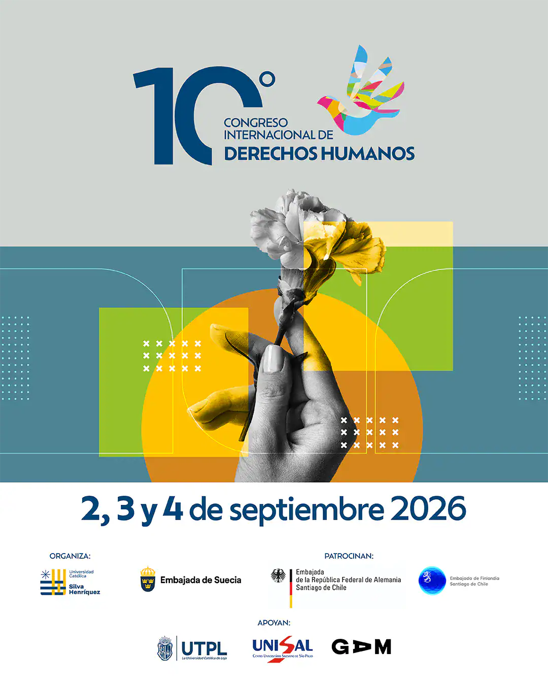 La Universidad Católica Silva Henríquez realizará la décima versión de su Congreso Internacional de Derechos Humanos los días 2, 3 y 4 de septiembre 2027. El Congreso es patrocinado por la Embajada de Suecia y por la Embajada de la República Federal de Alemania, y cuenta con el apoyo de la UTPL de Ecuador, UNISAL de Brasil y el GAM. Se suma la cooperación académica del Heidelberg Center para América Latina, el Goethe-Institut, el DAAD y la Universidad Politécnica Salesiana de Ecuador